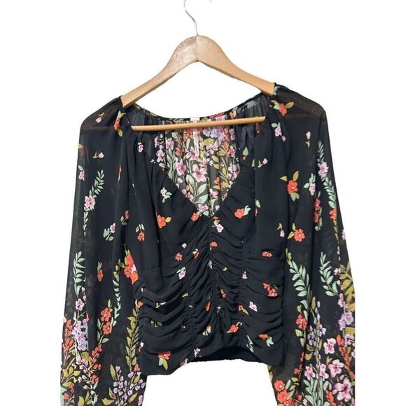 Free People Final Rose Floral Lined V Neck Balloon Sleeve Ruched Blouse Black XS - Picture 4 of 12